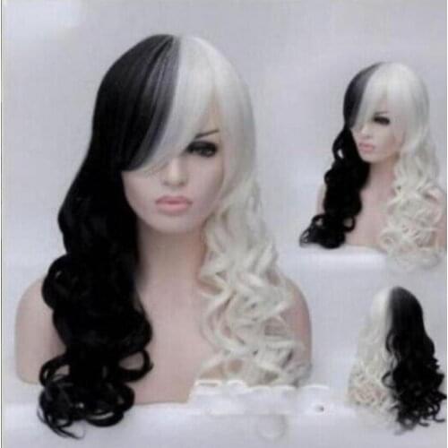 New fashion Women Cruella Deville Cosplay wig Black White Synthetic Long Cur