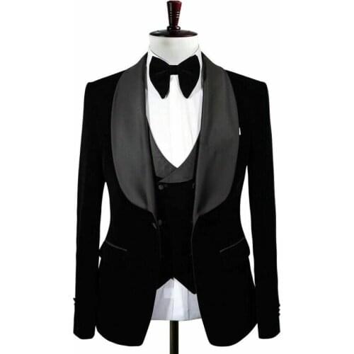 Latest Mens 3 Pieces Prom Black Velvet Dinner Groom Tuxedos Wedding Formal Blazer Best Man Lapel Men Suits (Jacket+Vest+Pants)
