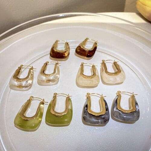 New Colorful Transparent Resin Geometric U Shape Hoop Earrings Gold Metal for Woman Girls Party Travel Jewelry