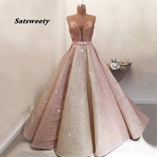Real Sample Long Glitter Evening Dress 2021 Ball Gown Sweetheart Bling Bling Elegant Women Arabic Formal Evening Gowns