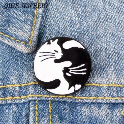 QIHE JEWELRY Yin Yang Cat Pins Black White Two Cats Hugging Brooches Yin yang Badges Cat Jewelry Kitty Jewelry