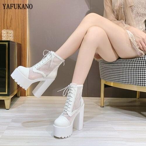 Women Platform Shoes 14CM Summer Mesh High Heel Boots White Lace Up Ankle Boots For Women Black Boots Model Catwalk Shoes
