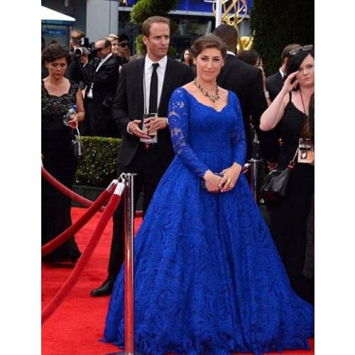 Royal Blue Celebrity Dresses A-line Sweetheart Long Sleeves Lace Backless Famous Long Formal Red Carpet Dresses