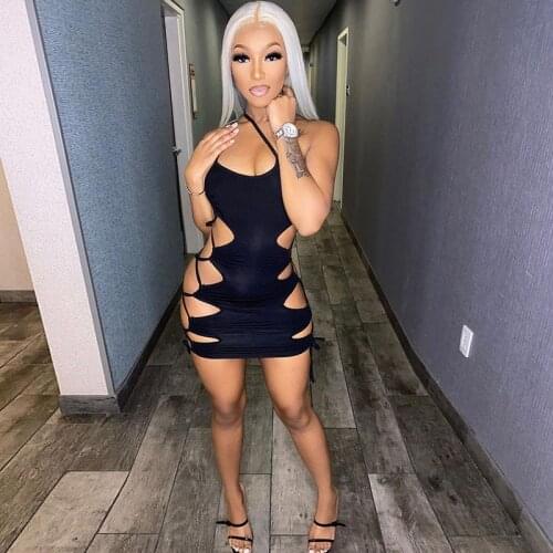 HAOYUAN Sexy Bandage Bodycon Mini Dresses Birthday Club Outfits for Women Rave Festival Clothing Lace Up Hollow Out Party Dress