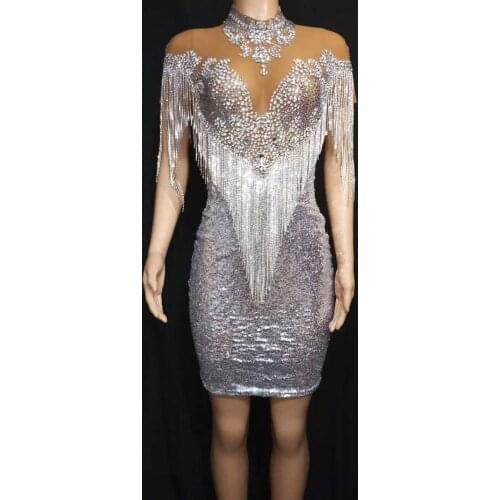 2020 Women New Flashing Rhinestones Fringe Sequins Dress Mesh transparent Celebrate Evening Outfit Dancer Bar Prom Sequins Dress