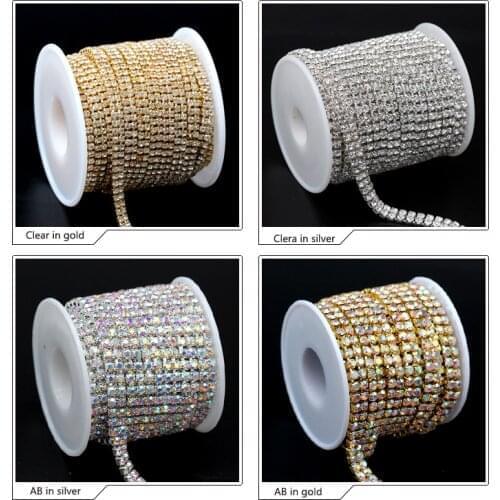 2Rows 10yards/roll Rhinestone AB/clear crystal Chain Gold/Silver claw close Base Cup Chain Apparel Sewing diy Accessories