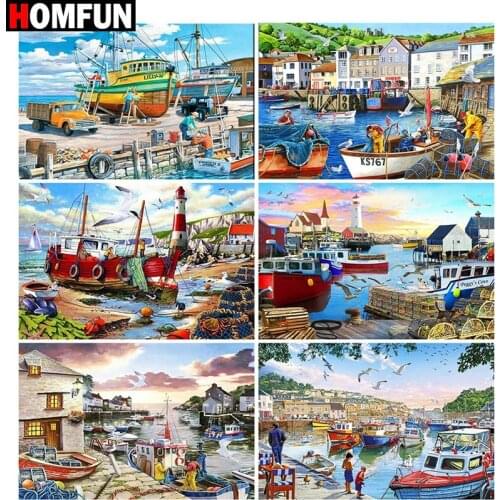 HOMFUN Full Square/Round Drill 5D DIY Diamond Painting "Boat landscape" Embroidery Cross Stitch 5D Home Decor Gift
