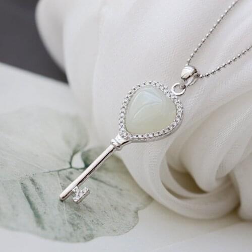Authentic 925 Sterling Silver Pendant Inlaid Natural White Jade Fashion Silver Key Pendant National Style Charm Jewelry Gift