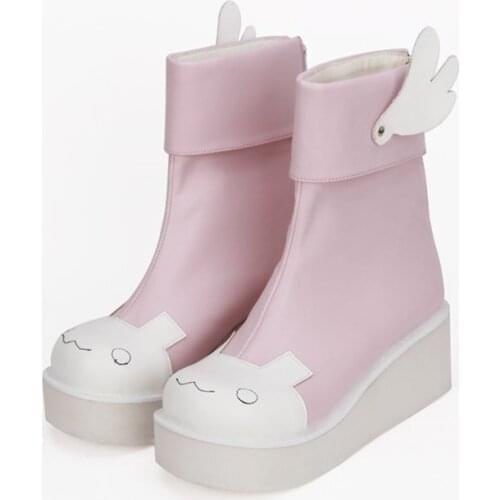 Booties round head pattern wings cute girl Lolita Vintage Sweet Lolita Shoes Victoria Kawaii Low boots Kawaii Girl Tea Party