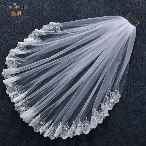 TOPQUEEN V96 Veu Bride Short veil Soft Elbow Length Lace Veil with Comb Lace Edge Bridal Veils with 3d Flowers Wedding Veil