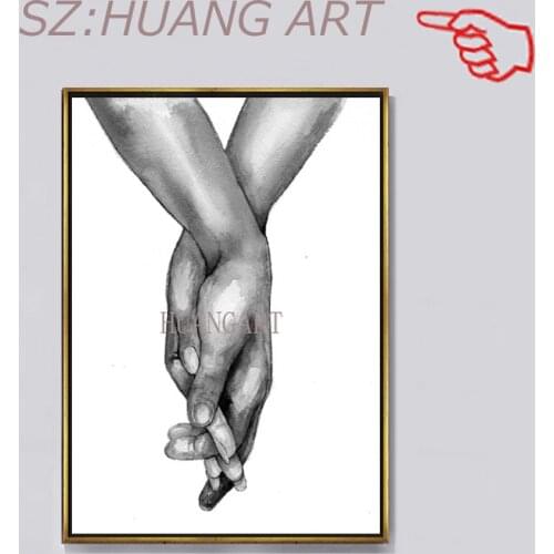 Hand-painted figures holding hands in black love paintings on canvas decorate living room walls with art pictures without frames