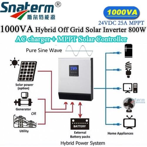 MPS 1KVA Hybrid Solar Power Inverter Build in MPPT 24V 40A Solar charge controller /Grid off Generator charger energy kits