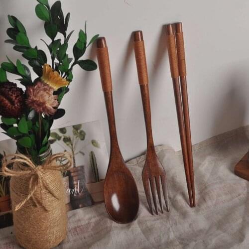 Wooden Flatware Set Wooden Portable Set Spoon Fork Chopsticks Tableware Dinnerware with Khaki Twining Thread