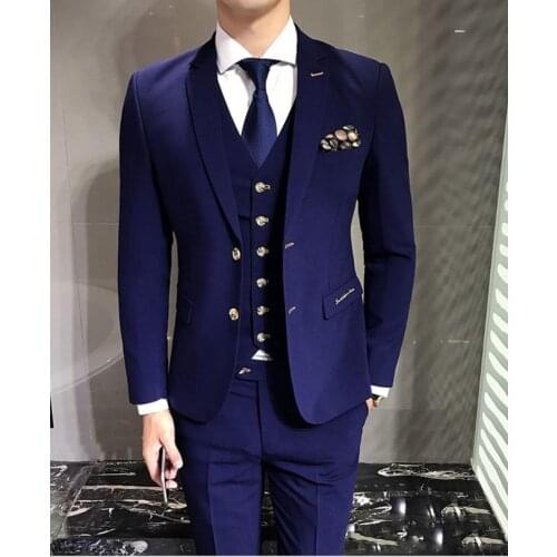 New Arrival Two Buttons Navy Blue Groom Tuxedos Groomsmen Notch Lapel Mens Suits Blazers (Jacket+Pants+Vest+Tie) W:1069