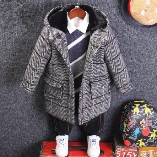 Hot Sale Childrens Woolen Coat Fall Winter Boys Casual Plaid Woollen Coat Male Kids Cotton Padded Hooded Outerwear Clothes B412