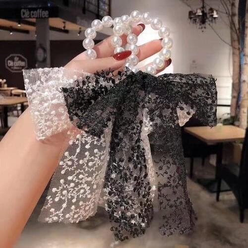 Korean Luxury Black White Designer Lace Pearl Ribbon For Woman Girl Fashion Rubber Elastic Hair Bands