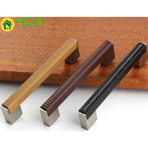 3.75'' 5'' 6.3'' 7.55'' Genuine Leather Door Handle Drawer Knobs Pulls Dresser Handle Kitchen Cabinet Handles Furniture Hardware