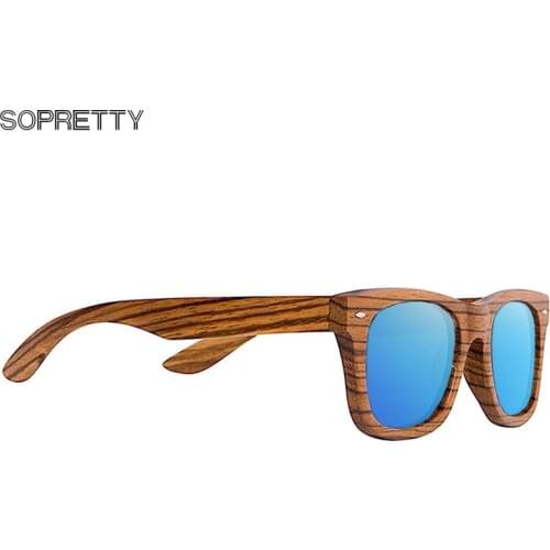 Polarized Real Solid Handmade Zebra Wood Sunglasses for Men & Women,Ice Blue Mirrored Lens Spring Hinge Wooden Glasses WD02