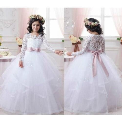 Flower Girl Dresses for Weddings Lace Long Sleeve Girls Pageant Dresses First Communion Dress Little Girls Prom Ball Gown