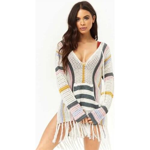 Knitted Bikini Cover up Tassel Tunic for Beach Pareos de Playa Mujer Kaftan Beach coverups for Women Swim suit Cover up #Q760