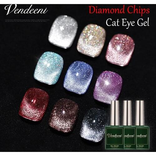Vendeeni 9 Color Glitter Diamond Cat Eye Gel Nail Polish Magnetic Hybrid Nail Art Gel Varnish Shiny Laser UV Cat Eye Gel Lacquer