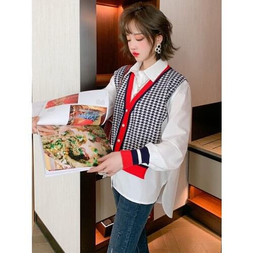 Jacquard knitted vest contrast stitching shirt fake two piece blouse 2021 Spring new High Quality Top Quality