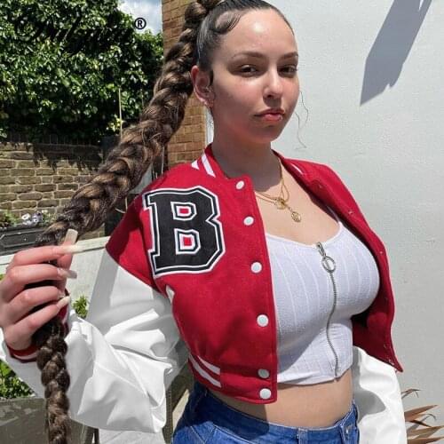 Dulzura Letter Embroidery Women Long Sleeve Crop Baseball Jacket Patchwork Short Coats Casual Streetwear 2021 Autumn Winter