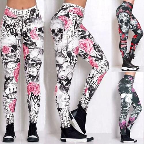 40# Women Skull Printed Leggings Skinny High Waist Sweatpants Leggings Hip Lift Pants Trousers For Female Fitness Female Pants