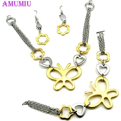 AMUMIU Fashion Butterfly Heart Silver Gold Color Jewelry set 316L Stainless Steel Necklace Earring Bracelet Womens Brand JS120