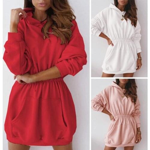 Women Loose Long Hoodie Casual Winter Solid Color Pullover Dress Long Sleeve Hoodie Sweatshirt Oversized Sweatshirt Dresses 2021