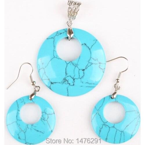 Blue Howlite Stone Donut Bead Pendant & Dangle Earrings Jewelry 1 Set
