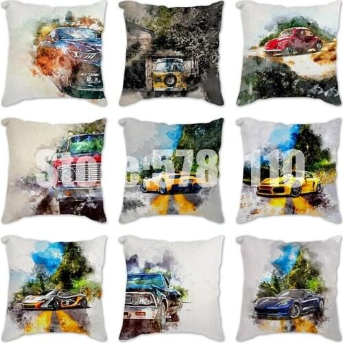 1Pcs Watercolor car landscape Decoration Cushion Cover Polyester Throw Pillowcase Home Decorative Pillow Cover 45*45cm Cushions