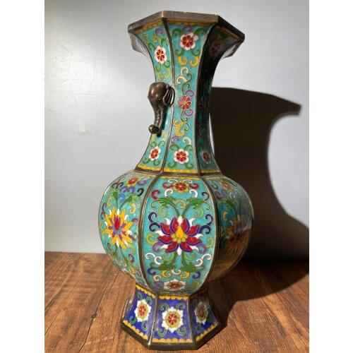 14"Tibet Temple Collection Old Bronze Cloisonne Enamel Octagonal Elephant Ear vase Moon holding bottle Ornaments Town House