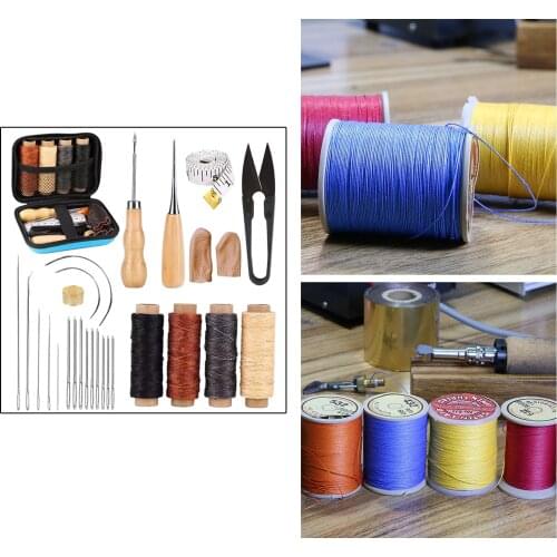 28pcs Leather Craft Hand Stitching Sewing Tools Awl Waxed Thread Thimble Kit for Leathercraft Making