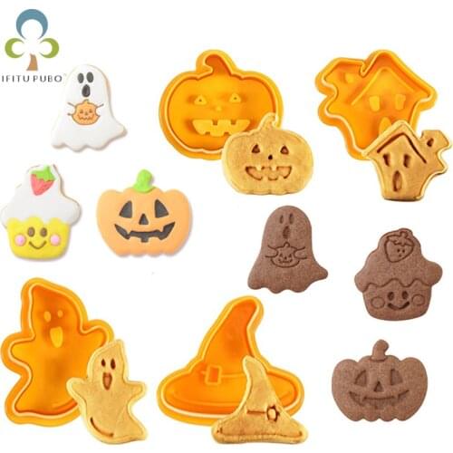 4pcs/set Halloween DIY Cookie Mould Biscuit Stamp 3D Cookie Plunger Cutter Baking Mould Cookie Cutters For Kitchen Tools ZXH