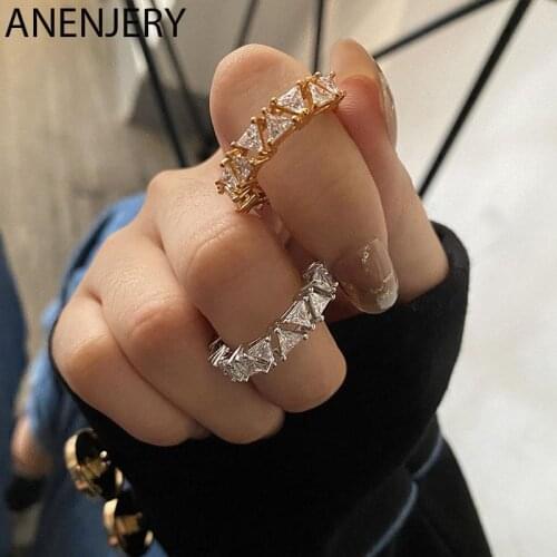 ANENJERY 925 Sterling Silver Shiny Triangle Zircon Opening Rings for Women Temperament Light Luxury Korea Hot Selling Jewelry