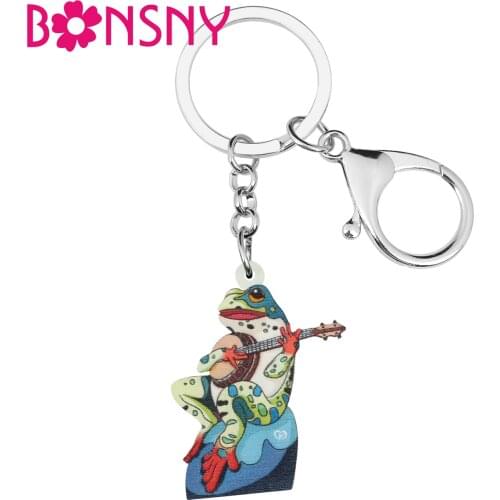 BONSNY Acrylic Sweet Green Cartoon Guitar Frog Keychains Ring Fashion Purse Backpack Key Chain Unique Jewelry For Women Girls