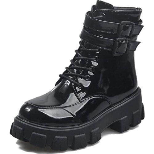 Sponge Cake Thick Bottom Double-Row Belt Buckle Short Tube Boots High Waterproof Platform Cross Straps PU And Patent Leather