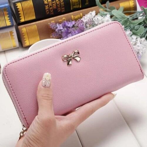 Women Wallets With Zipper Pink Phone Pocket Purse Card Holder Women Long Wallet Lady Metal Bow Coin Purse