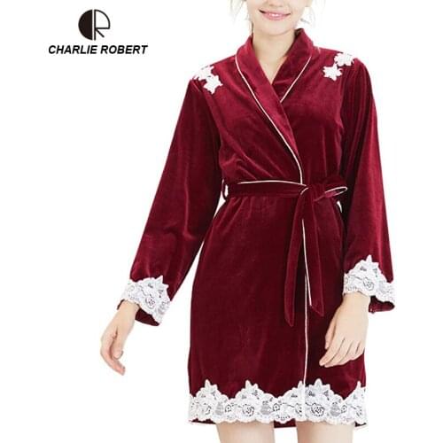 Women Gold Velour Bath Robe Sleepwear 2018 Autumn Winter Lace Bathrobe Thicken Warm Female Robe Dressing Nightgown for women
