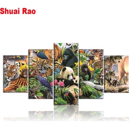 100%Full 5D Diy Daimond Painting Cross-stitch Tiger&Panda Multi-picture Combination Round Rhinestone Painting Embroidery Animal