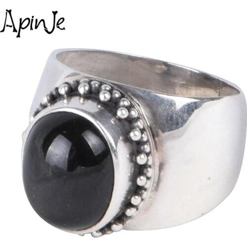 Apinje Solid 925 Sterling Silver Tail Ring for Men Women Black Round Agate Stone Rings Simple Jewelry
