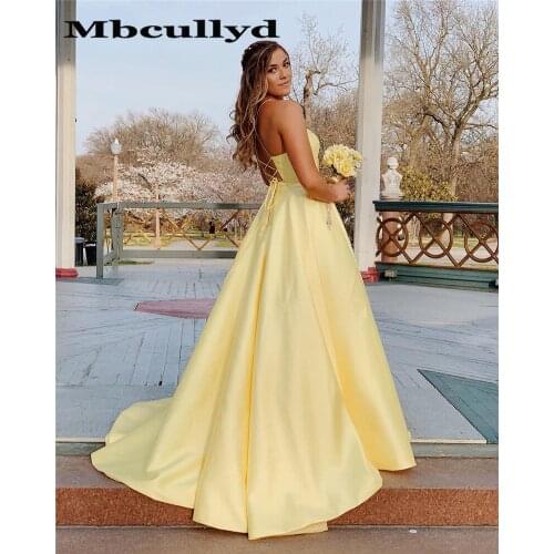 Mbcully 2020 Backless Women Long Prom Dresses Deep V Neck Crystal Party Gown Sleeveless Evening Vestido de festa With Pockets
