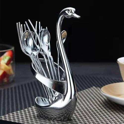 6 Piece Set Swan Fruit Base Holder Forks Salad Dessert Coffee Spoons Cake Snacks Tableware Zero Waste Flatware Stainless Steel