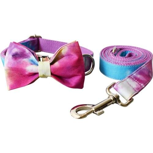 Tie-Dyed Dog Collar Personalized Luxury Designer Bow Tie Pet Collar Engraved ID Tag Nameplate Collar and Leash Set for Girl Dogs
