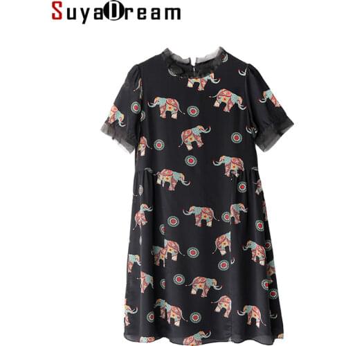 SuyaDream Woman Print Mini Dress 100%Silk Crepe Short Sleeves O neck A-Line Dresses 2021 Spring Summer Dress Black