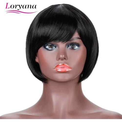 Straight Black Synthetic Wigs With Oblique Bangs For Women Medium Length Hair Bob Wig Heat Resistant bob Hairstyle Cosplay wigs