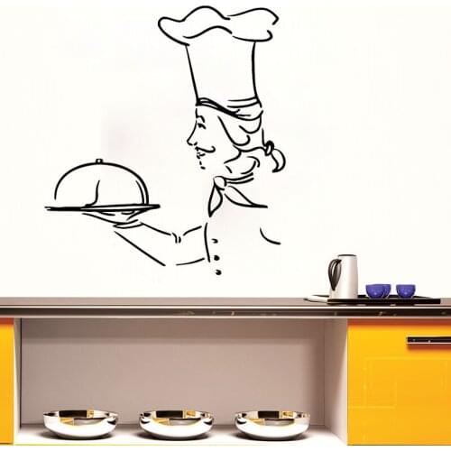 Server Man With A Tray Cook Chef Wall Sticker Kitchen Cafe Interior Wall Decals Home Decor Living Room Removable Decoration