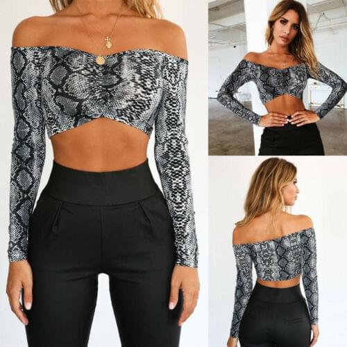 Women Long Sleeve Spring T-Shirt Sexy Snake Skin Printed Tee Female Long Sleeve Skinny Crop Top Ruched Off Shoulder Blouse