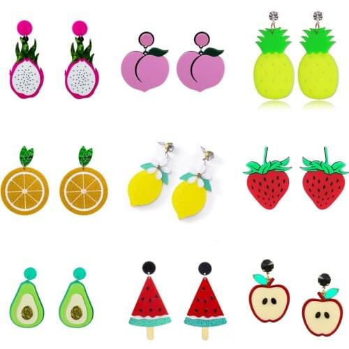 Summer Women Fashion Colorful Acrylic Pitaya Lemon Ananas Strawberry Watermelon Kiwi Fruit Drop Earrings Eardrop Funny Jewelry